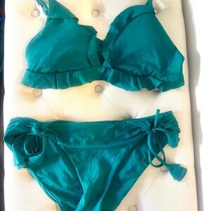Becca Teal Green Bikini Set Ruffle Side Tie Hipster Bottom Large